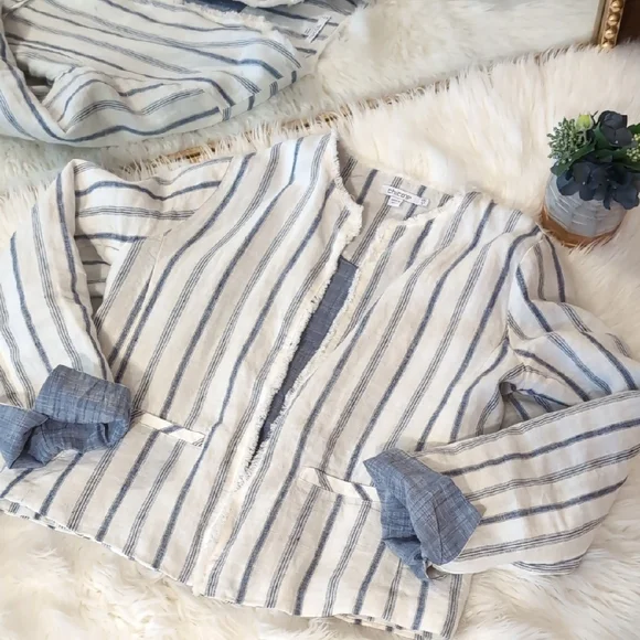 Chico's Navy and White Striped Linen Jacket - Picture 1 of 11